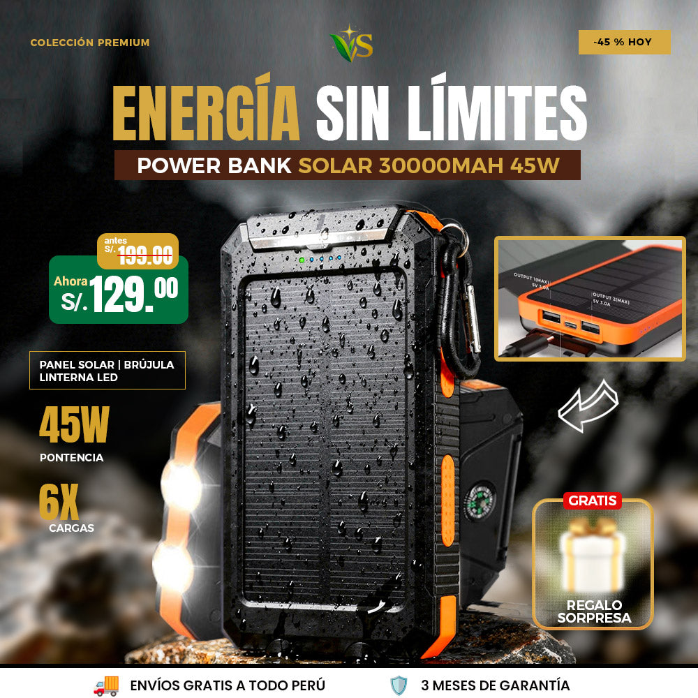 Power Bank Solar 30000mAh 45W | Nunca Sin Batería ⚡