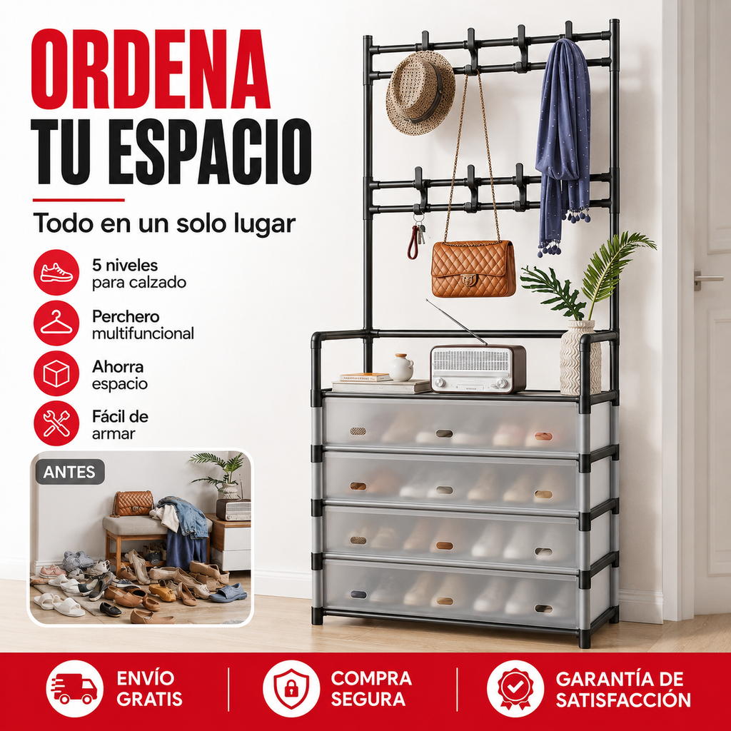 Zapatero 5 Niveles con Perchero – Antipolvo + Envío Gratis 🎁